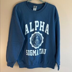 Gildan Navy Crewneck Sweatshirt with White Alpha Sigma Tau Print